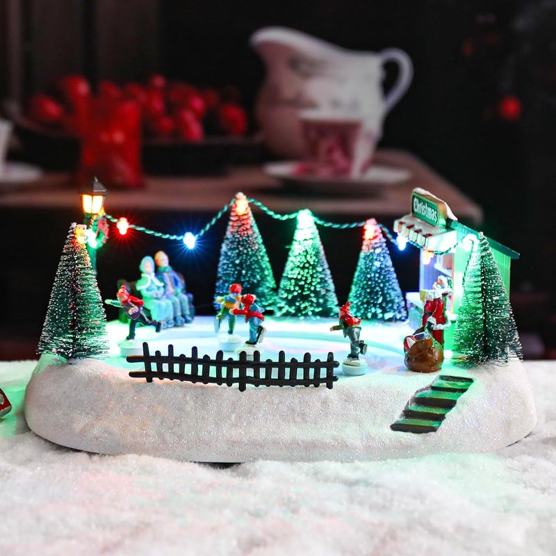 CHONSUN Christmas Village Sets 5.3 Inch Animated Christmas Ice Skating Rink Moving USB/3AA Batteries Music Xmas Trees Decorations Indoor LED Lights Figurines for Room Tabletop Decor - Image 1